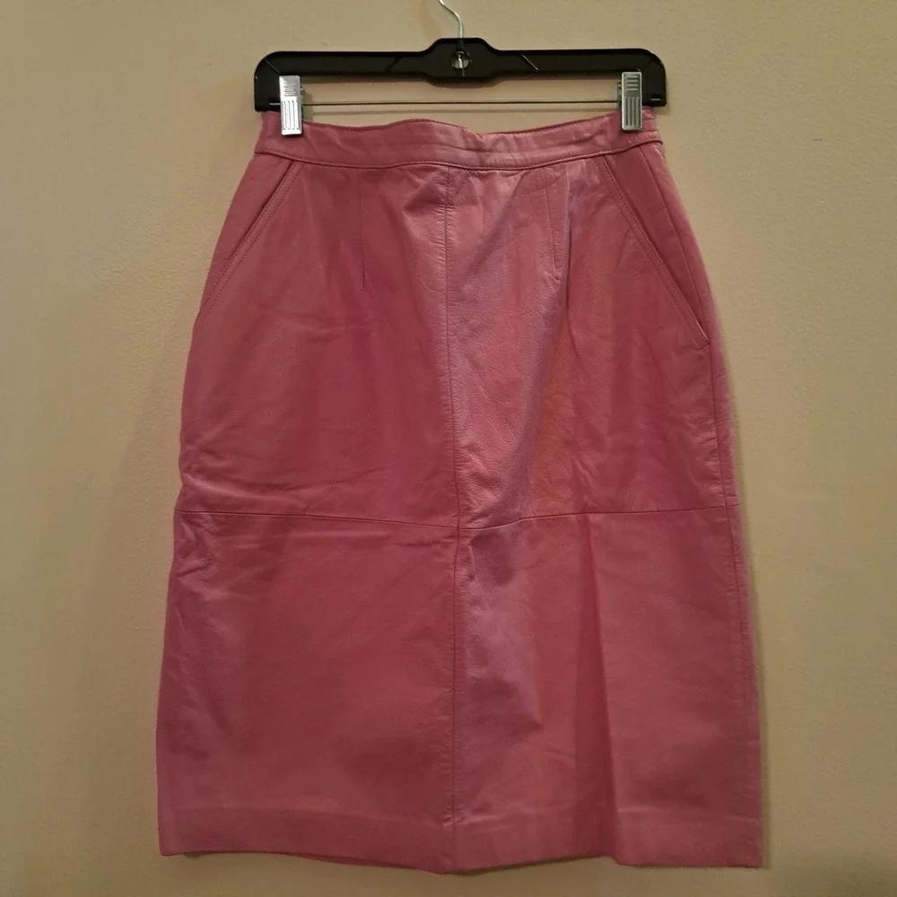 Vintage Pink Leather Pencil Skirt High Waisted Midi with Pockets Waist 30" - Picture 1 of 13